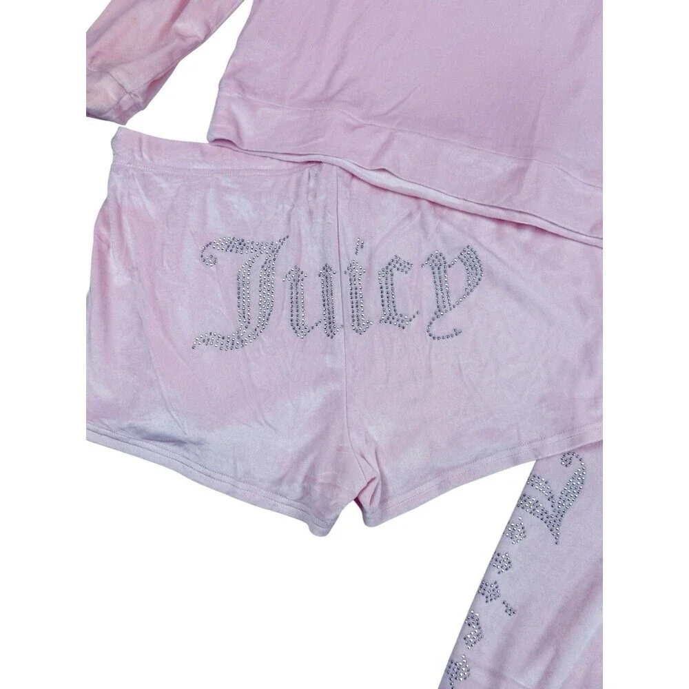Juicy Couture Pink Velour 3 Piece Pajama Lounge Set Rhinestone Logo L